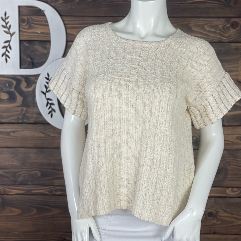 Hulda Bridgeman | Cream Tan Woven Ribbed Boxy Short Sleeve Blouse‎ Knit Stripes
